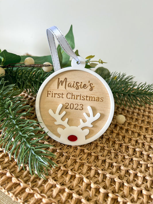 Round Reindeer Christmas Ornament - First Christmas